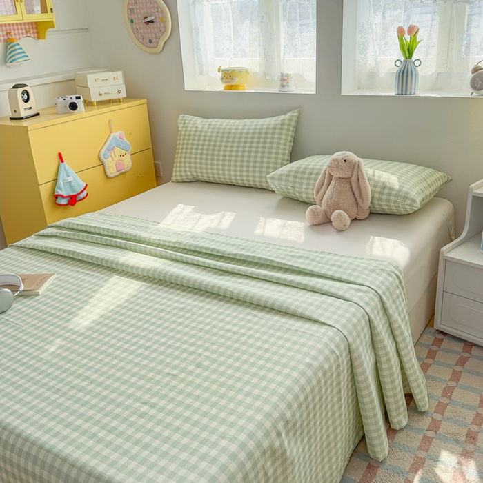 91家纺网 家纺一手货源 找家纺 爱彼家纺 2026新款热卖系列老粗布床单床单三件套凉席 格子绿