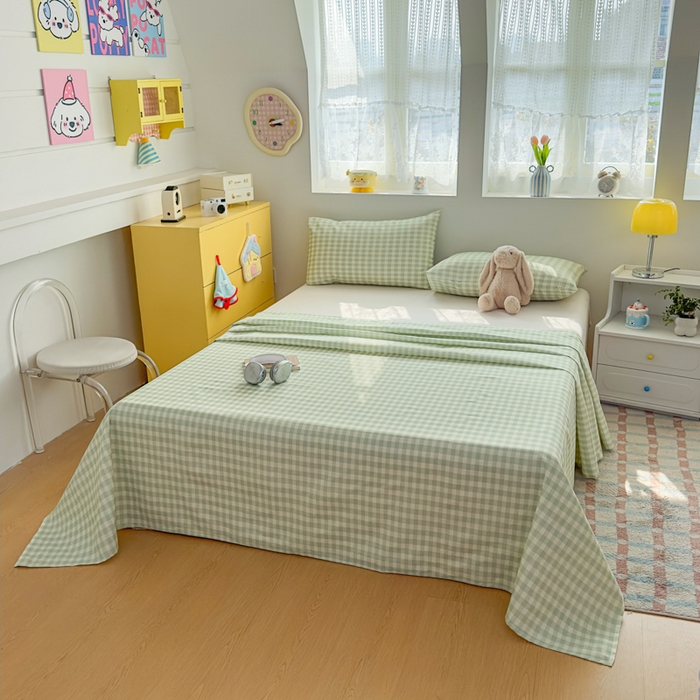 91家纺网 家纺一手货源 找家纺 爱彼家纺 2026新款热卖系列老粗布床单床单三件套凉席 格子绿