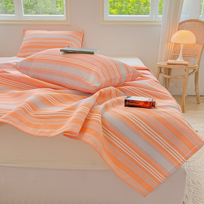 91家纺网 家纺一手货源 找家纺 爱彼家纺 2026新款热卖系列老粗布床单床单三件套凉席 桔灰细条