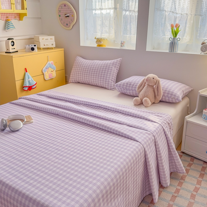 91家纺网 家纺一手货源 找家纺 爱彼家纺 2026新款热卖系列老粗布床单床单三件套凉席 格子紫