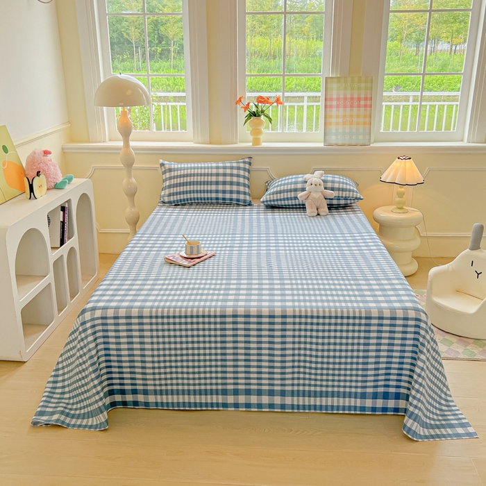 91家纺网 家纺一手货源 找家纺 爱彼家纺 2026新款热卖系列老粗布床单床单三件套凉席 蓝小格