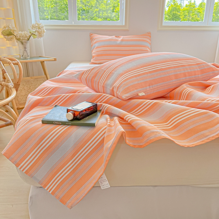 91家纺网 家纺一手货源 找家纺 爱彼家纺 2026新款热卖系列老粗布床单床单三件套凉席 桔灰细条