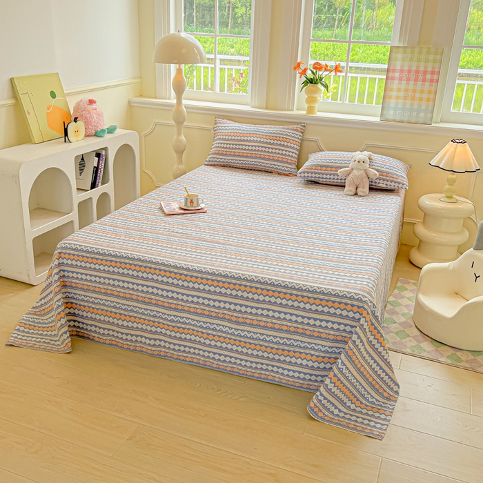 91家纺网 家纺一手货源 找家纺 爱彼家纺 2026新款热卖系列老粗布床单床单三件套凉席 向往蓝条