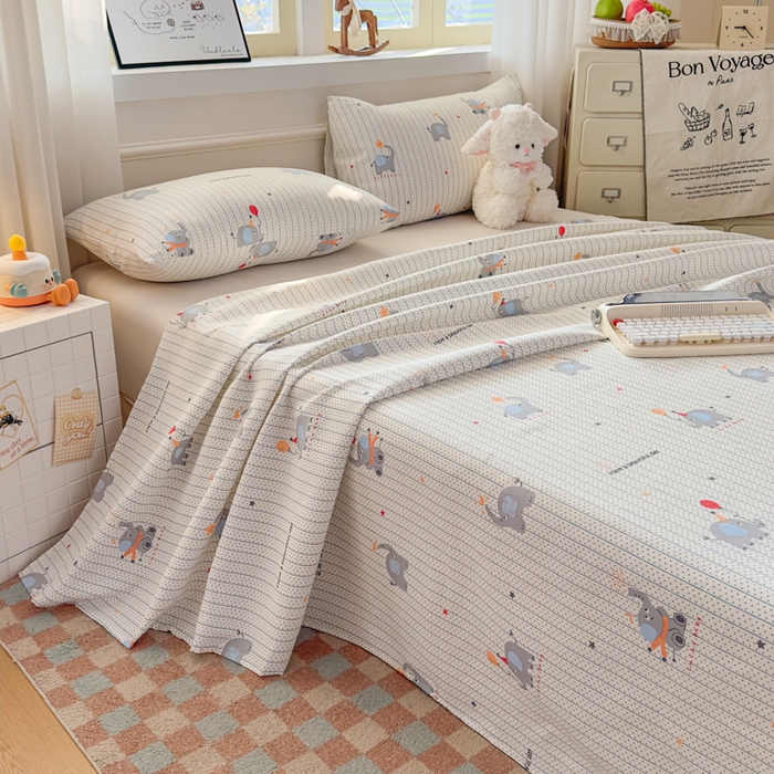 91家纺网 家纺一手货源 找家纺 爱彼家纺 2026新款热卖系列老粗布床单床单三件套凉席 元气小象