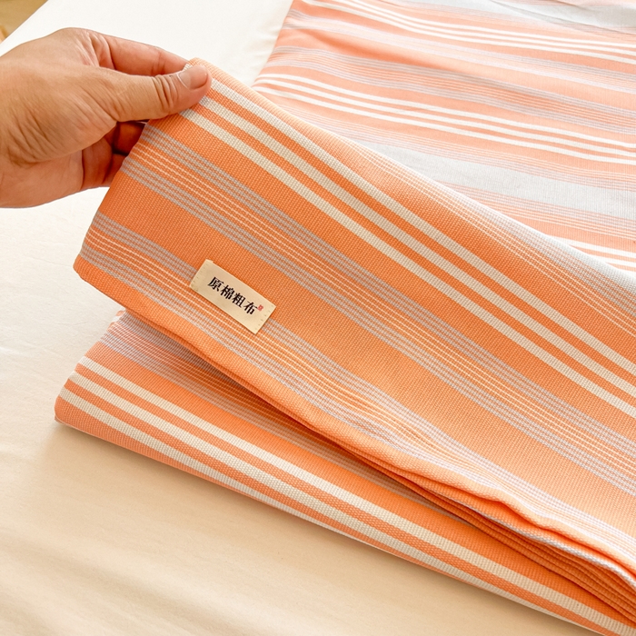 91家纺网 家纺一手货源 找家纺 爱彼家纺 2026新款热卖系列老粗布床单床单三件套凉席 桔灰细条