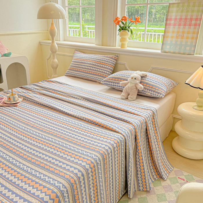 91家纺网 家纺一手货源 找家纺 爱彼家纺 2026新款热卖系列老粗布床单床单三件套凉席 向往蓝条