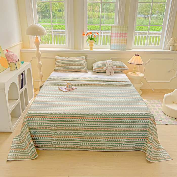 91家纺网 家纺一手货源 找家纺 爱彼家纺 2026新款热卖系列老粗布床单床单三件套凉席 向往条绿