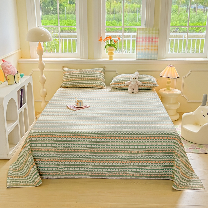 91家纺网 家纺一手货源 找家纺 爱彼家纺 2026新款热卖系列老粗布床单床单三件套凉席 向往条绿