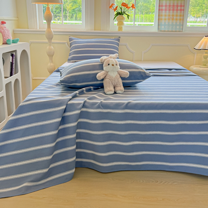 91家纺网 家纺一手货源 找家纺 爱彼家纺 2026新款热卖系列老粗布床单床单三件套凉席 蓝白条