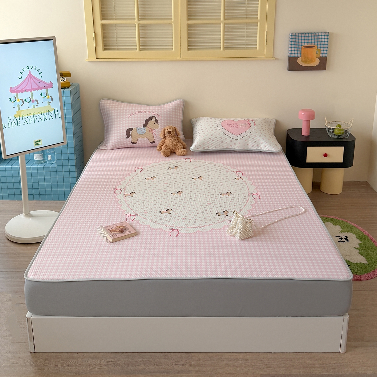 91家纺网 家纺一手货源 找家纺 Sweet dreams甜梦 2026新款A类数码印花凉感豆豆床笠款凉席--大版 爱心小马