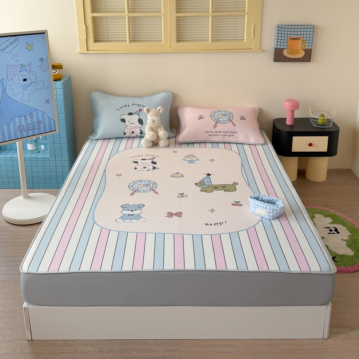 91家纺网 家纺一手货源 找家纺 Sweet dreams甜梦 2026新款A类数码印花凉感豆豆床笠款凉席--大版 条纹狗狗