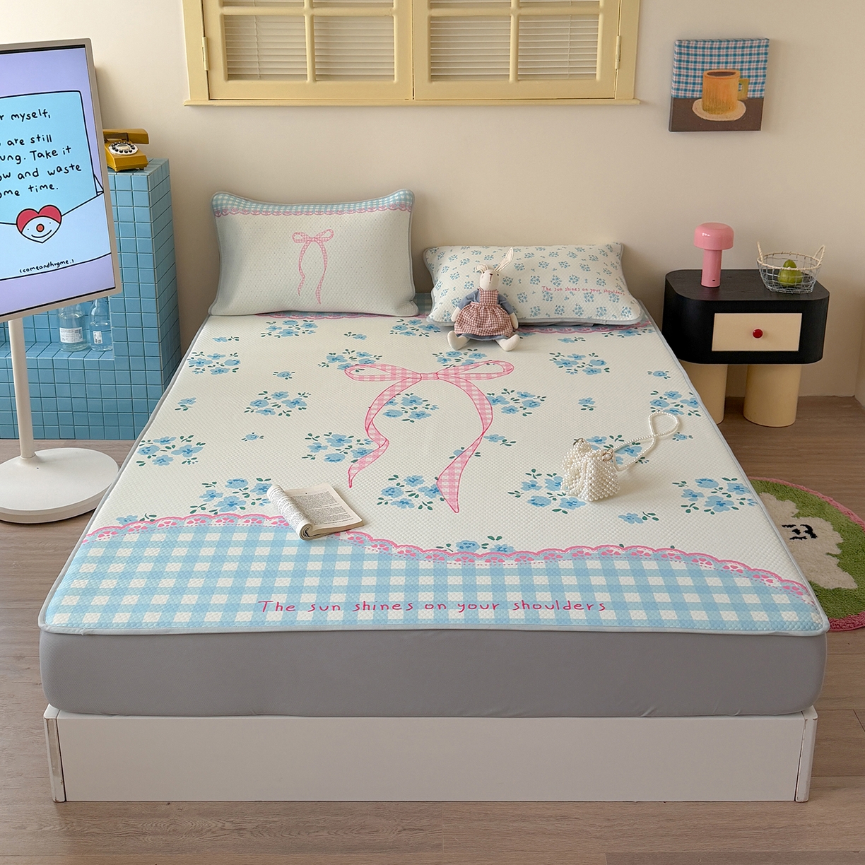 91家纺网 家纺一手货源 找家纺 Sweet dreams甜梦 2026新款A类数码印花凉感豆豆床笠款凉席--大版 花花蝴蝶结