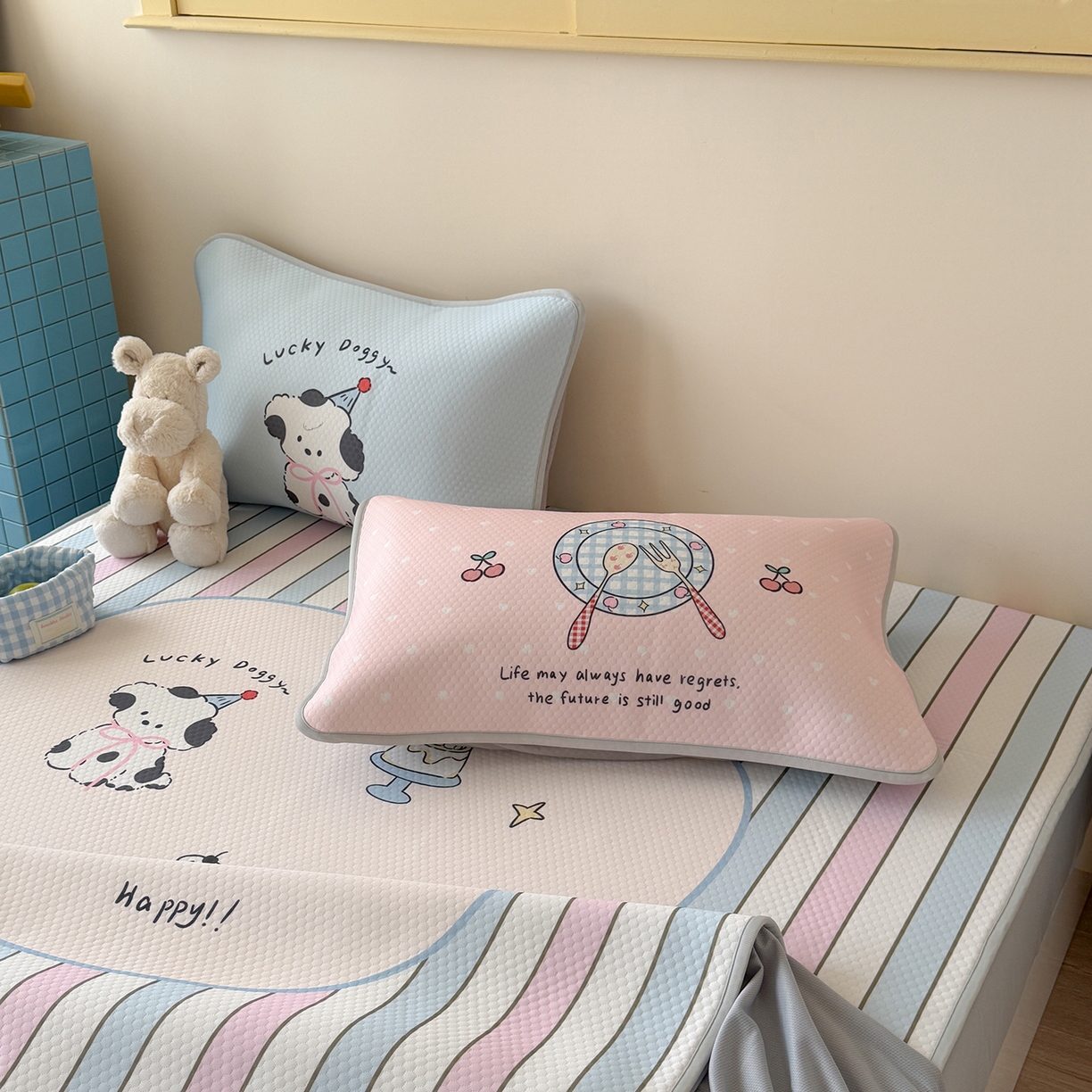 91家纺网 家纺一手货源 找家纺 Sweet dreams甜梦 2026新款A类数码印花凉感豆豆床笠款凉席--大版 条纹狗狗