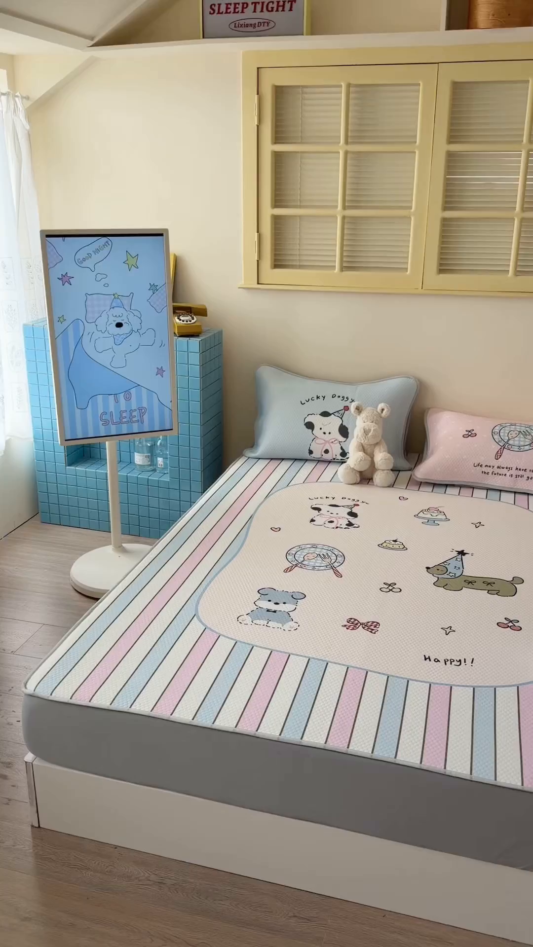 91家纺网 家纺一手货源 找家纺 Sweet dreams甜梦 2026新款A类数码印花凉感豆豆床笠款凉席--大版 条纹狗狗