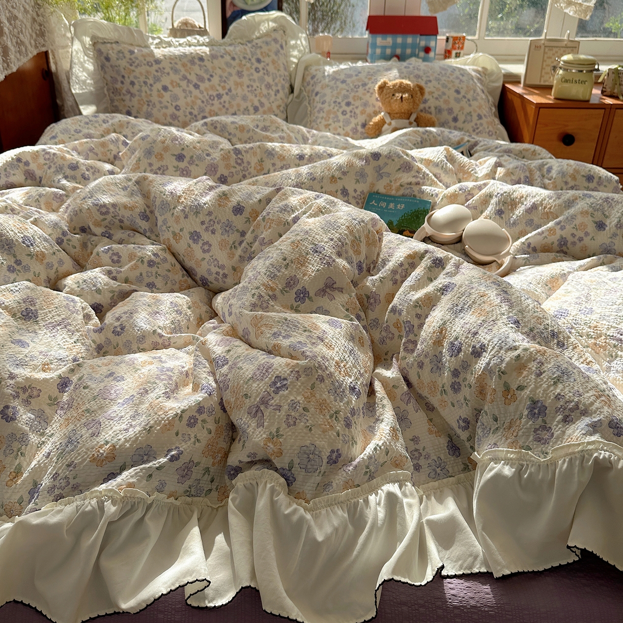 91家纺网 家纺一手货源 找家纺 凯洛奇 2026新款公主风云感泡芙纱花边款四件套 紫花语