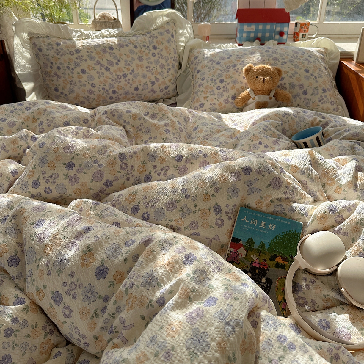 91家纺网 家纺一手货源 找家纺 凯洛奇 2026新款公主风云感泡芙纱花边款四件套 紫花语