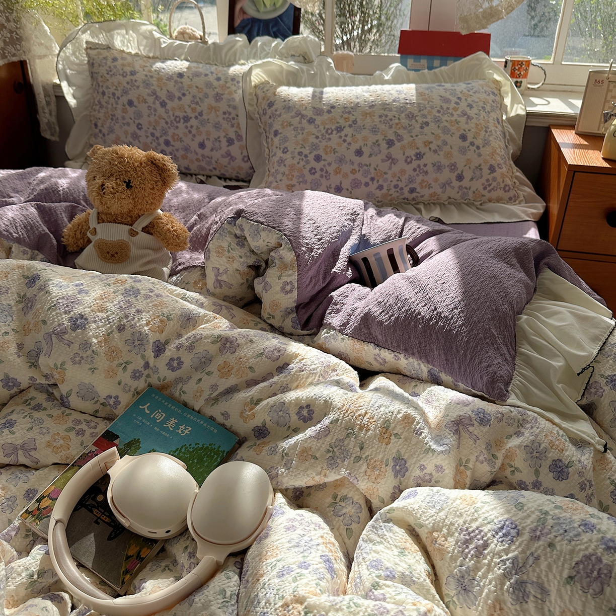 91家纺网 家纺一手货源 找家纺 凯洛奇 2026新款公主风云感泡芙纱花边款四件套 紫花语