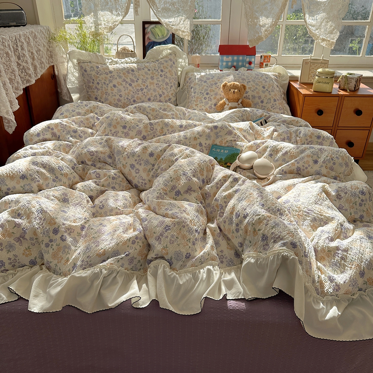 91家纺网 家纺一手货源 找家纺 凯洛奇 2026新款公主风云感泡芙纱花边款四件套 紫花语