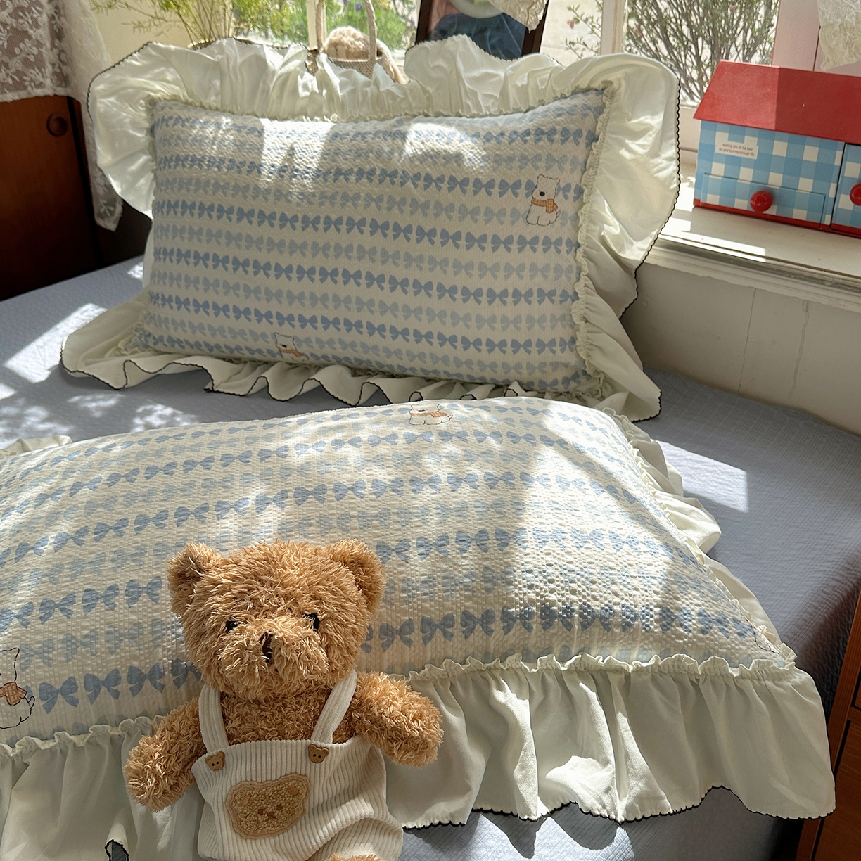 91家纺网 家纺一手货源 找家纺 凯洛奇 2026新款公主风云感泡芙纱花边款四件套 海盐蝶