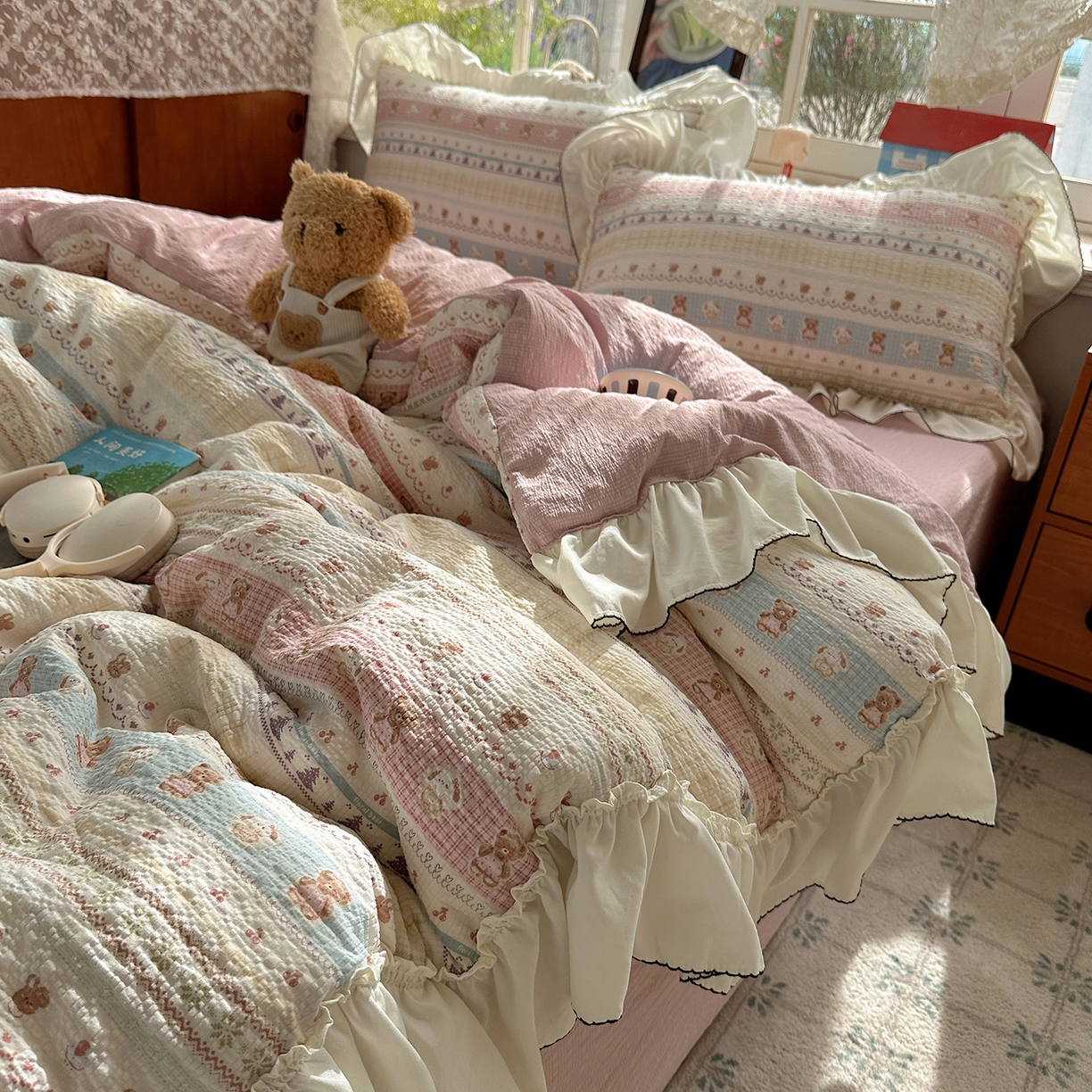 凯洛奇 2026新款公主风云感泡芙纱花边款四件套 软萌熊