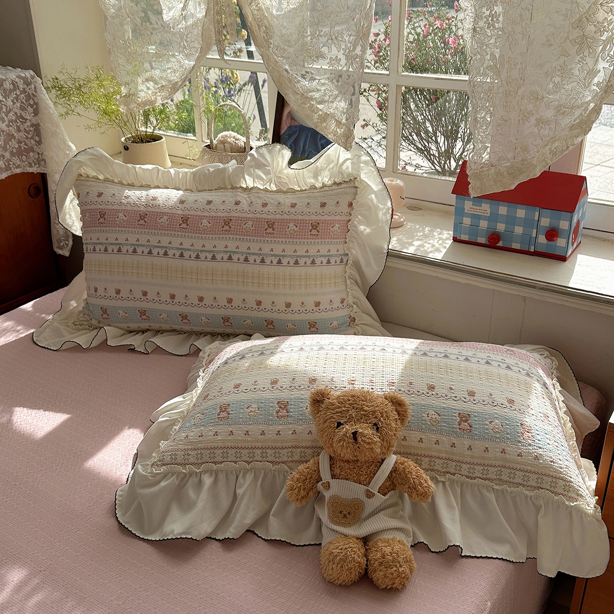 91家纺网 家纺一手货源 找家纺 凯洛奇 2026新款公主风云感泡芙纱花边款四件套 软萌熊