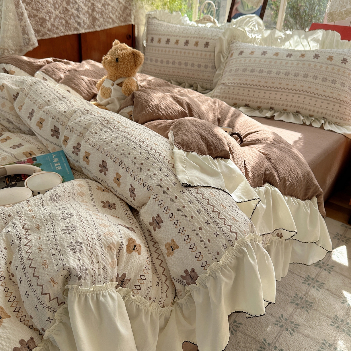 凯洛奇 2026新款公主风云感泡芙纱花边款四件套 奶棕熊