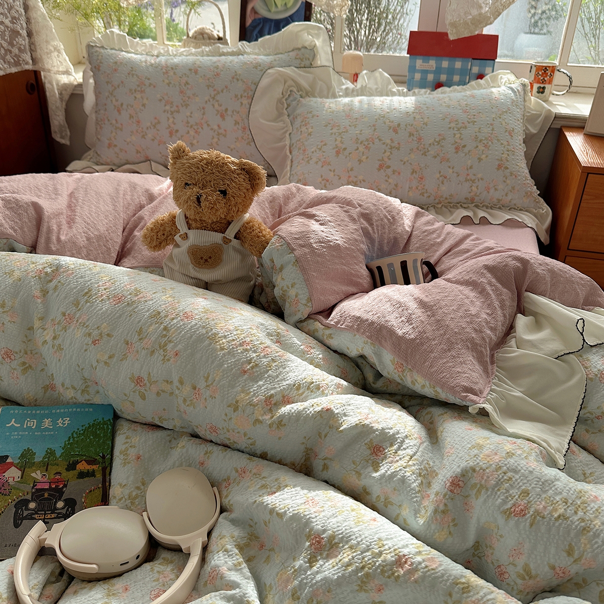 91家纺网 家纺一手货源 找家纺 凯洛奇 2026新款公主风云感泡芙纱花边款四件套 浅蓝花