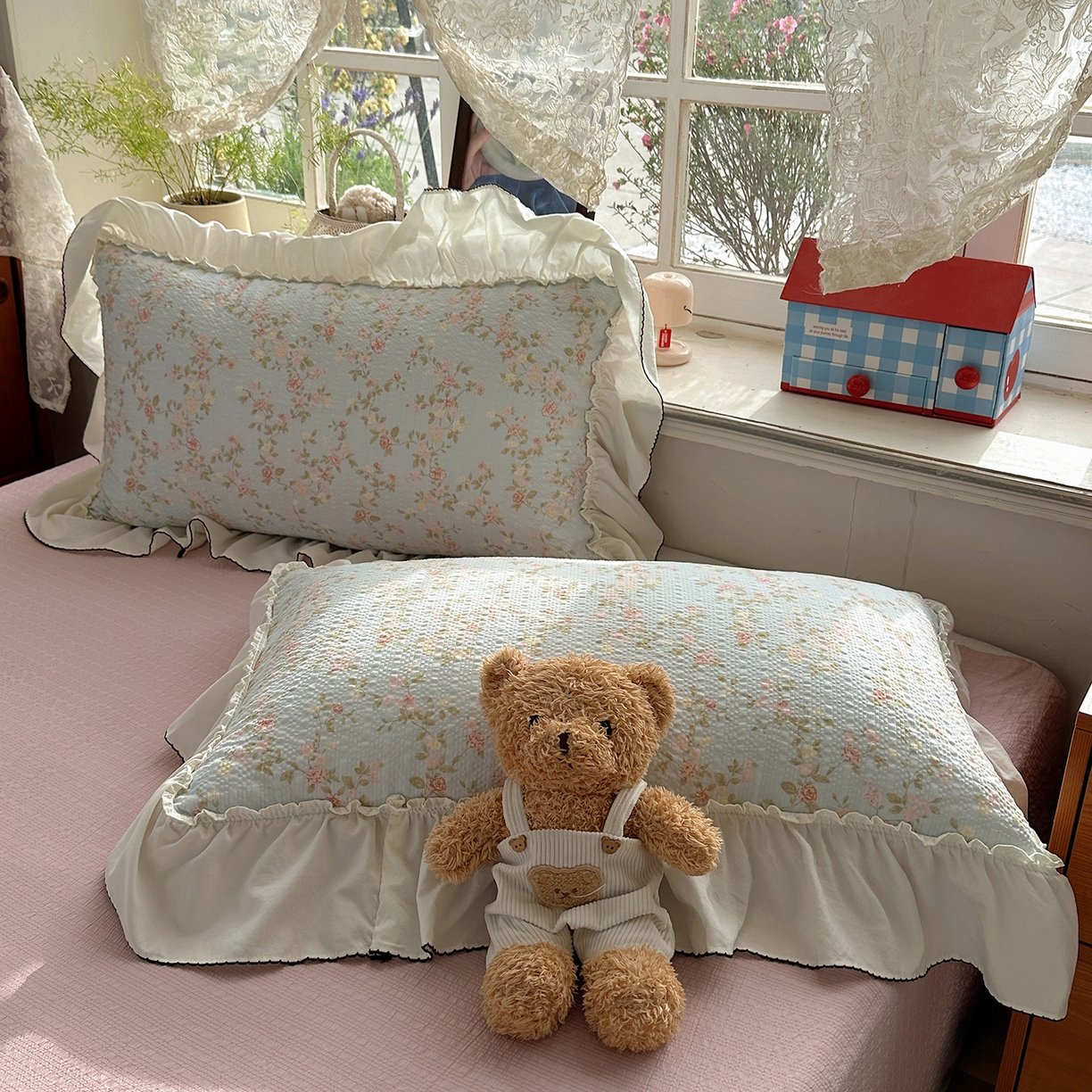 91家纺网 家纺一手货源 找家纺 凯洛奇 2026新款公主风云感泡芙纱花边款四件套 浅蓝花