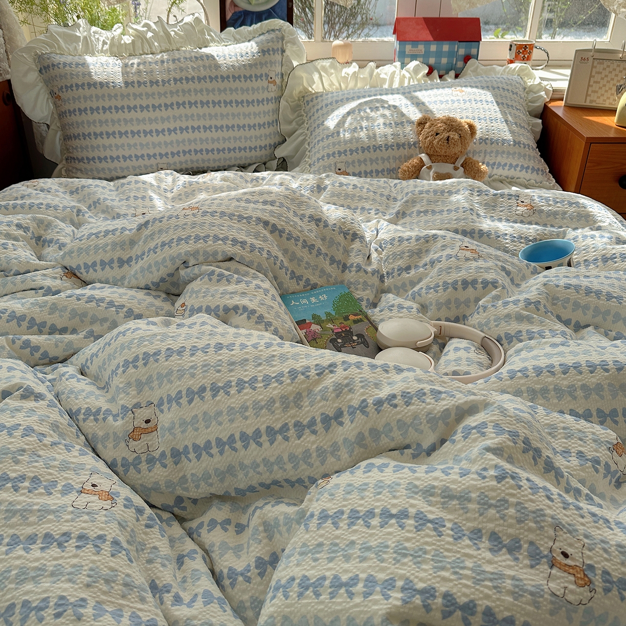 91家纺网 家纺一手货源 找家纺 凯洛奇 2026新款公主风云感泡芙纱花边款四件套 海盐蝶