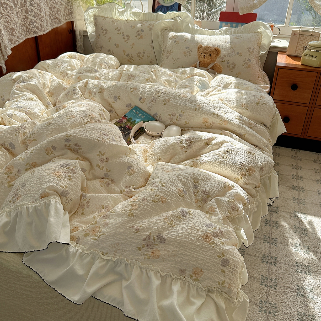 91家纺网 家纺一手货源 找家纺 凯洛奇 2026新款公主风云感泡芙纱花边款四件套 莫兰花