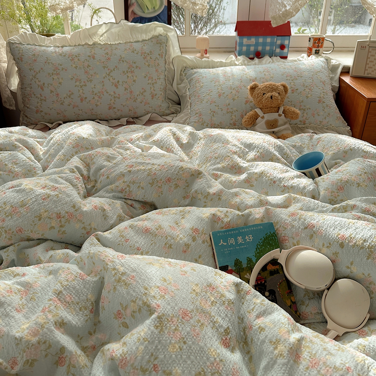 91家纺网 家纺一手货源 找家纺 凯洛奇 2026新款公主风云感泡芙纱花边款四件套 浅蓝花