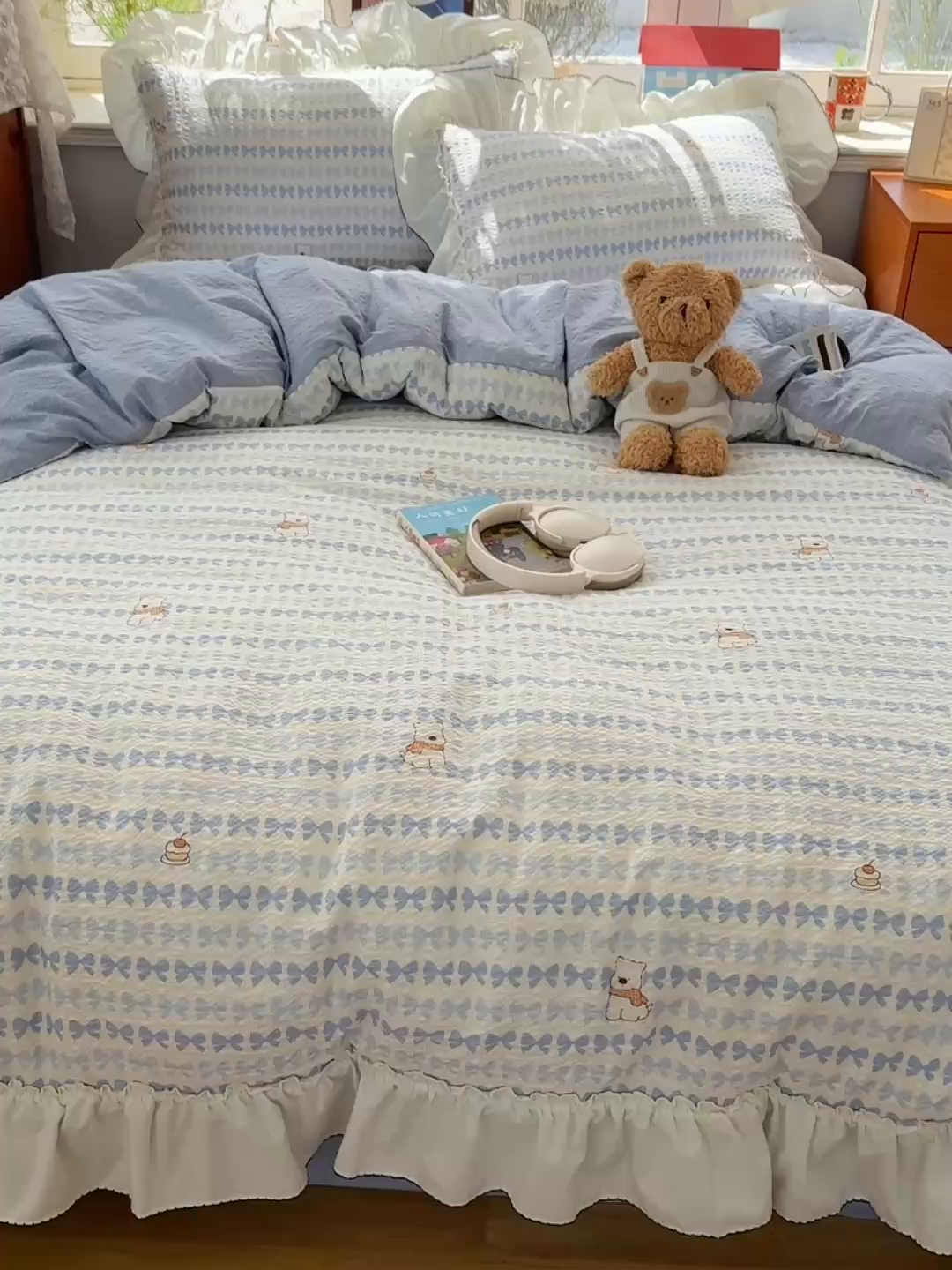 91家纺网 家纺一手货源 找家纺 凯洛奇 2026新款公主风云感泡芙纱花边款四件套 海盐蝶