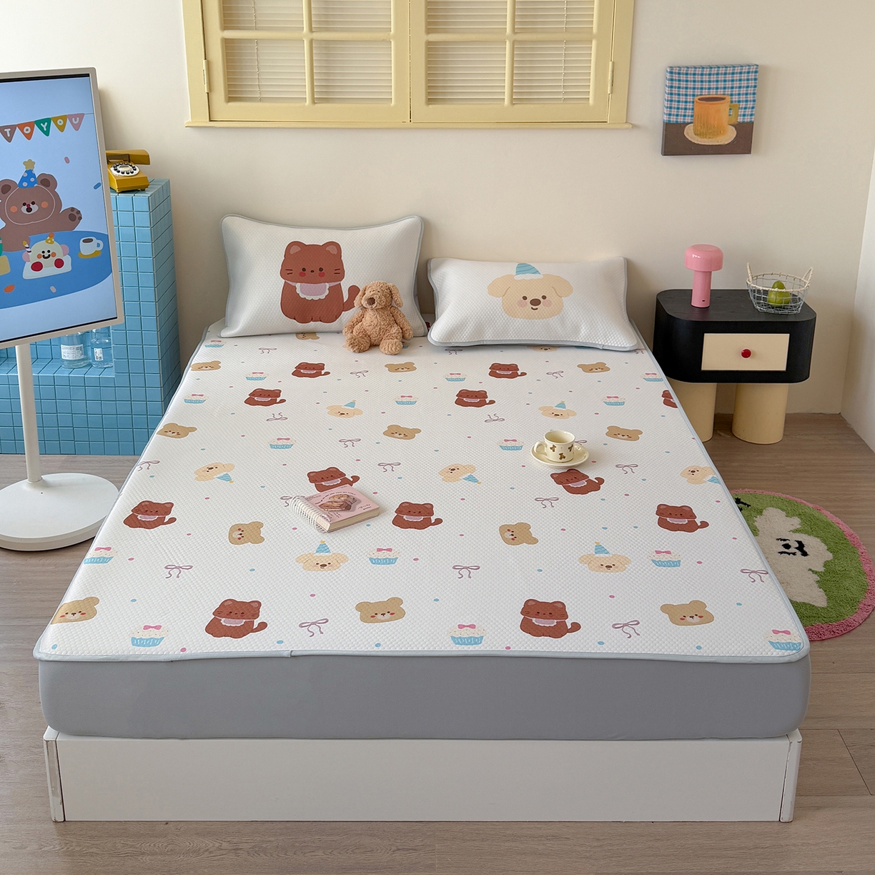 91家纺网 家纺一手货源 找家纺 Sweet dreams甜梦 2026新款A类数码印花凉感豆豆床笠款凉席--小版 蛋糕小动物