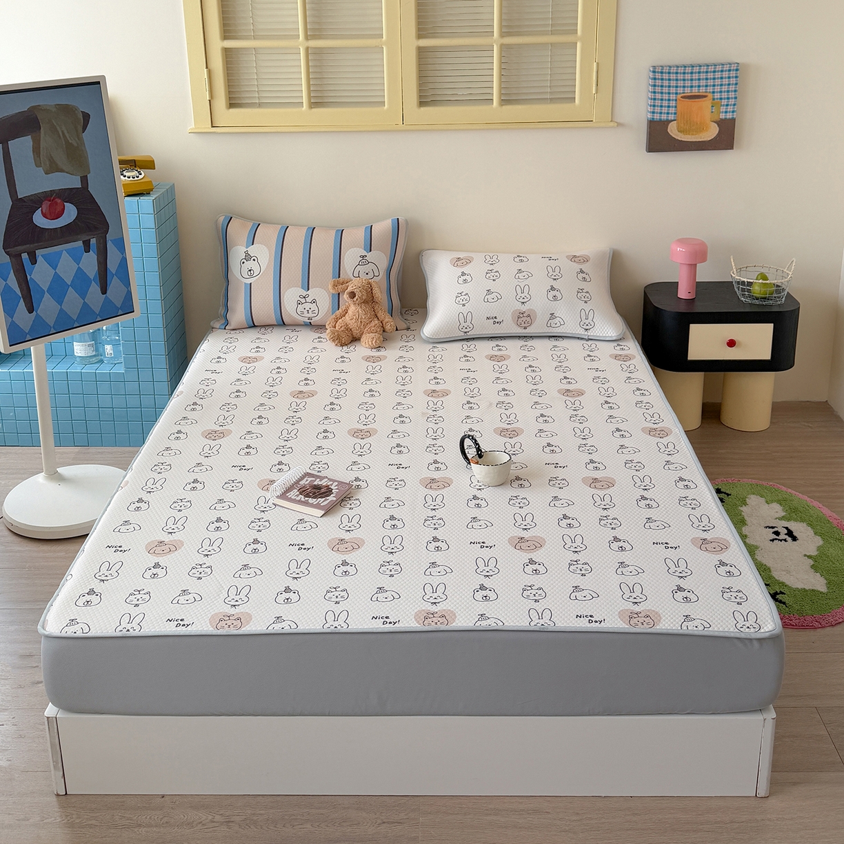 91家纺网 家纺一手货源 找家纺 Sweet dreams甜梦 2026新款A类数码印花凉感豆豆床笠款凉席--小版 美好一天