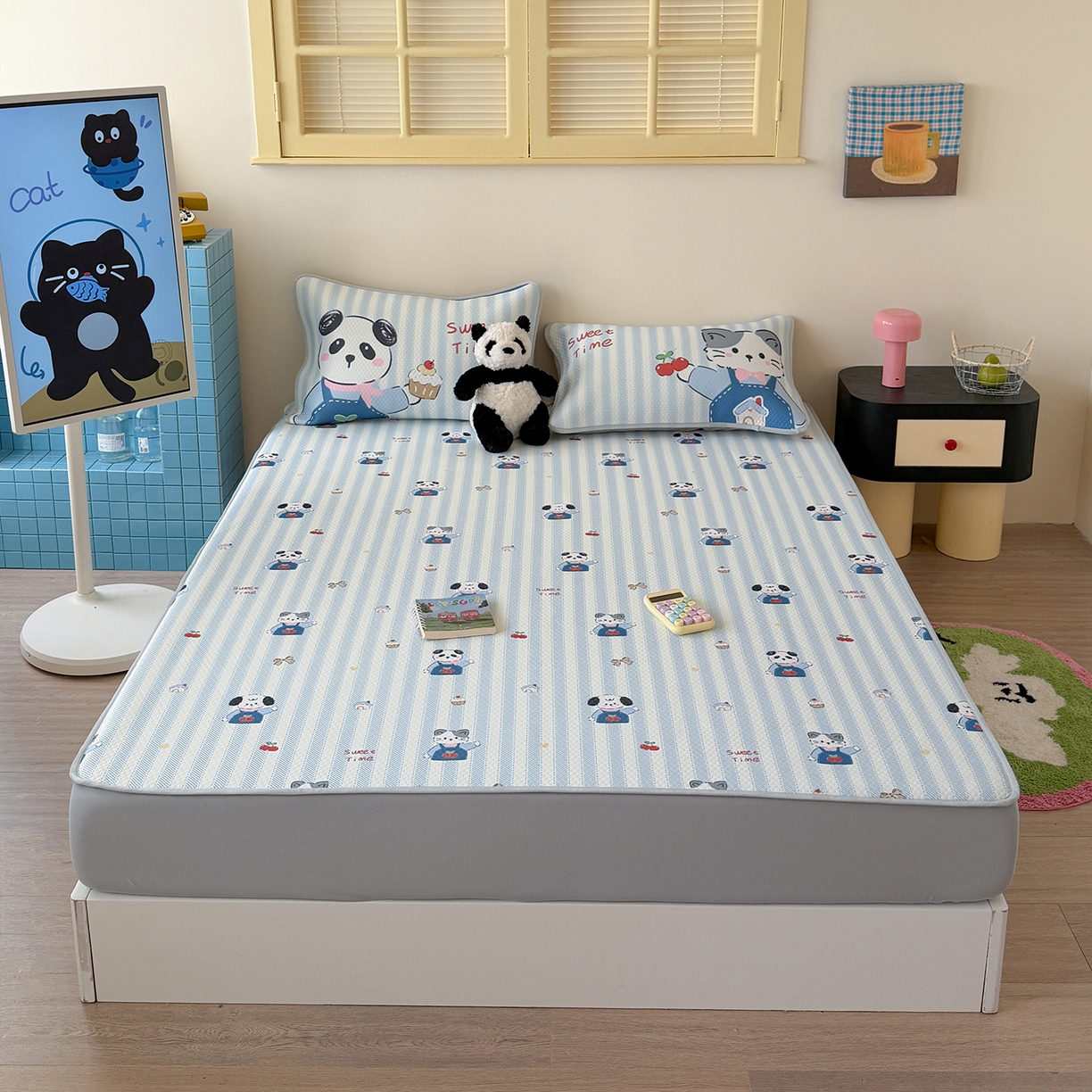 91家纺网 家纺一手货源 找家纺 Sweet dreams甜梦 2026新款A类数码印花凉感豆豆床笠款凉席--小版 甜梦时光