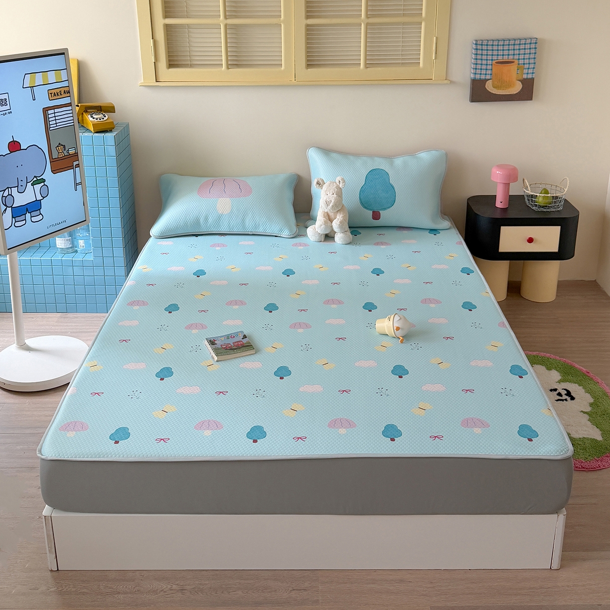 91家纺网 家纺一手货源 找家纺 Sweet dreams甜梦 2026新款A类数码印花凉感豆豆床笠款凉席--小版 小森林