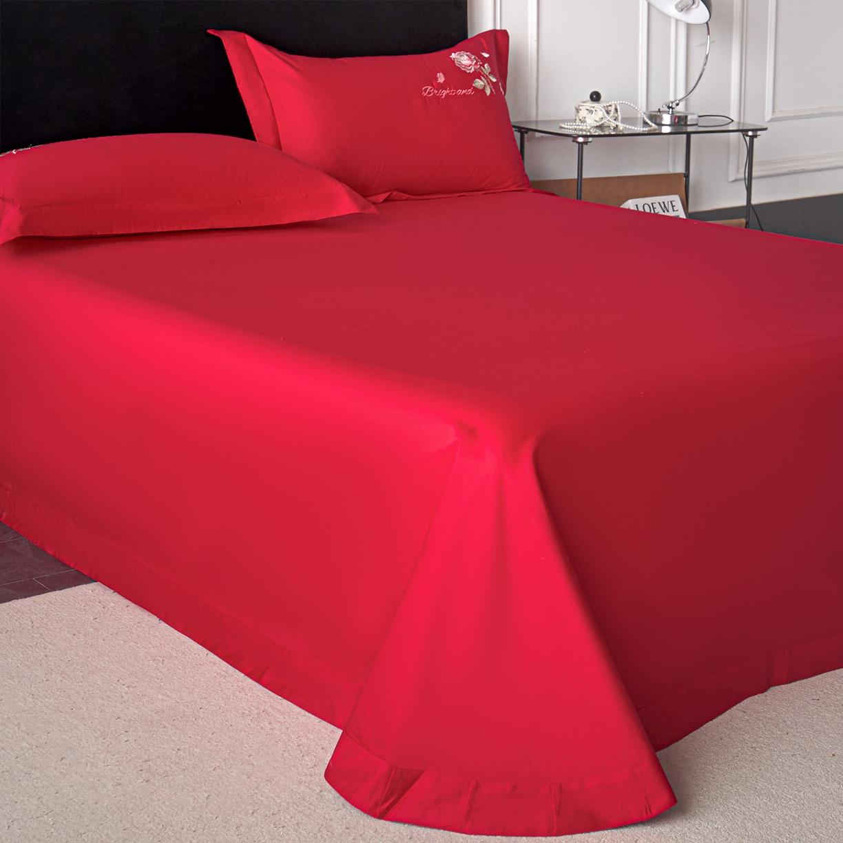 91家纺网 家纺一手货源 找家纺 （总）莉迪娅 2026新款50s双股长绒棉纯色简约绣花床单三件套--玫瑰恋人系列