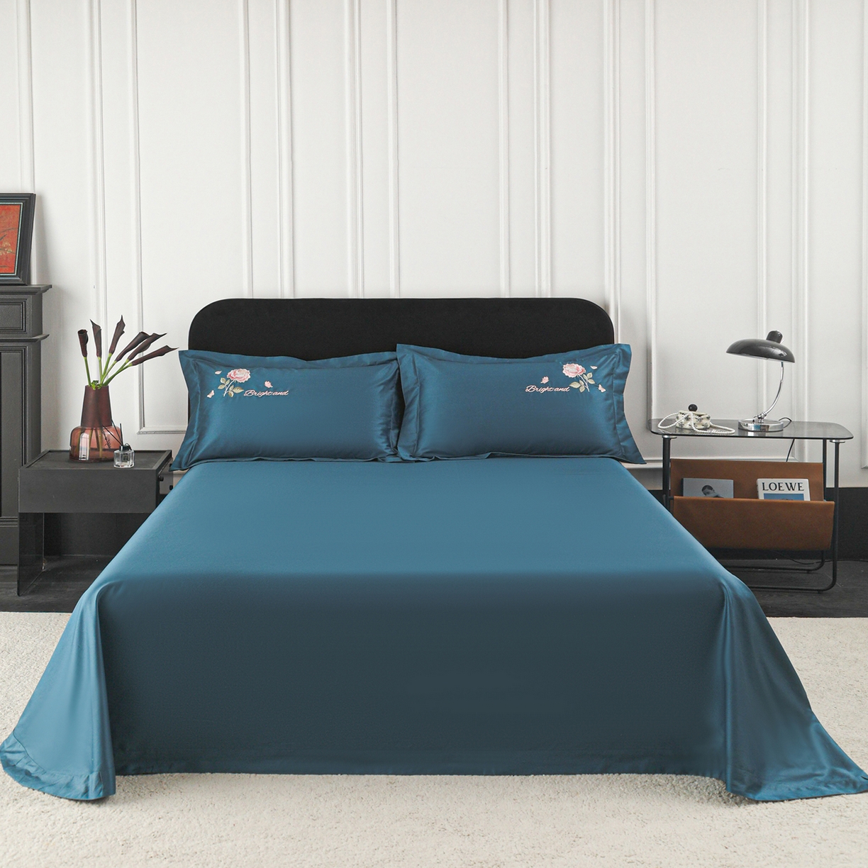 91家纺网 家纺一手货源 找家纺 莉迪娅 2026新款50s双股长绒棉纯色简约绣花床单三件套--玫瑰恋人系列 孔雀兰