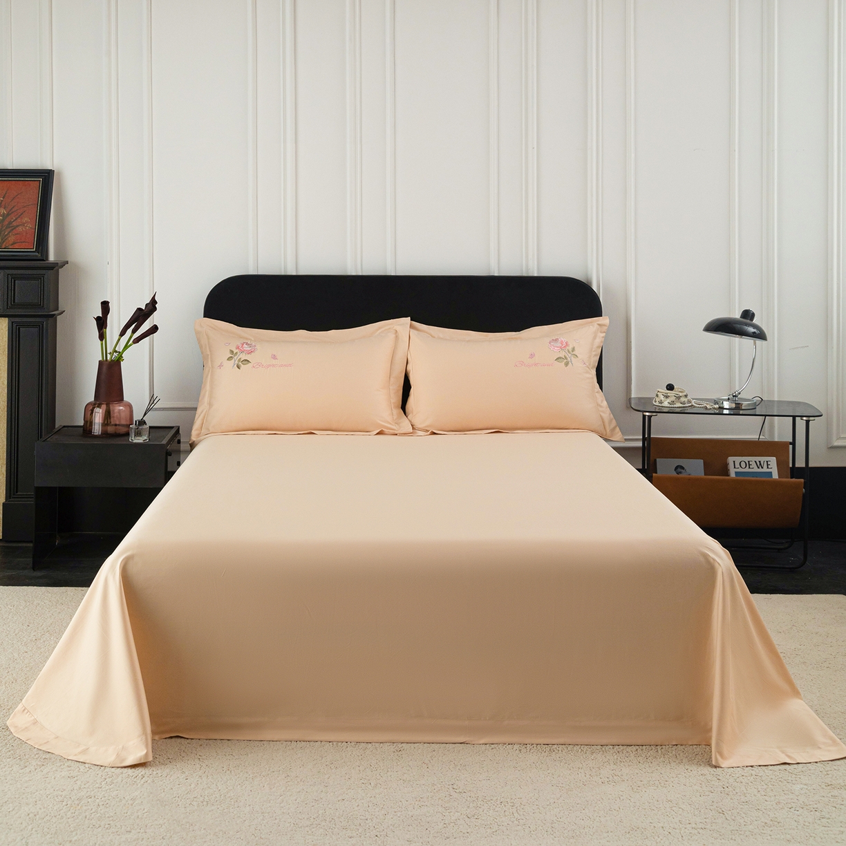 91家纺网 家纺一手货源 找家纺 莉迪娅 2026新款50s双股长绒棉纯色简约绣花床单三件套--玫瑰恋人系列 香槟金