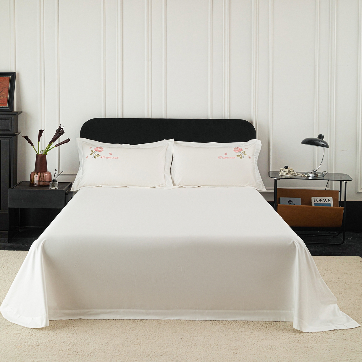 91家纺网 家纺一手货源 找家纺 （总）莉迪娅 2026新款50s双股长绒棉纯色简约绣花床单三件套--玫瑰恋人系列