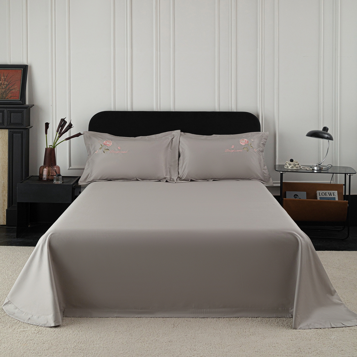 91家纺网 家纺一手货源 找家纺 （总）莉迪娅 2026新款50s双股长绒棉纯色简约绣花床单三件套--玫瑰恋人系列