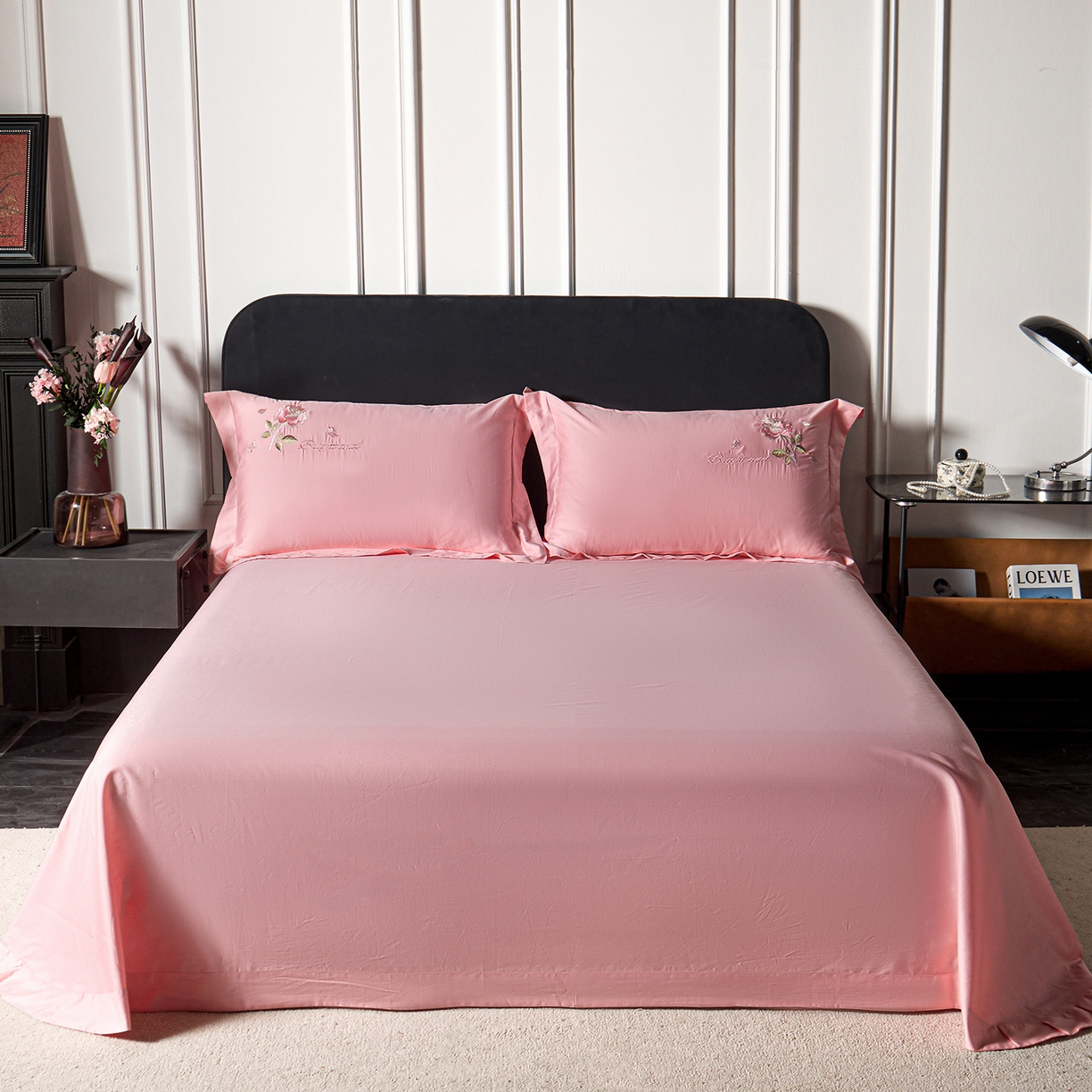 莉迪娅 2026新款50s双股长绒棉纯色简约绣花床单三件套--玫瑰恋人系列 樱红玉