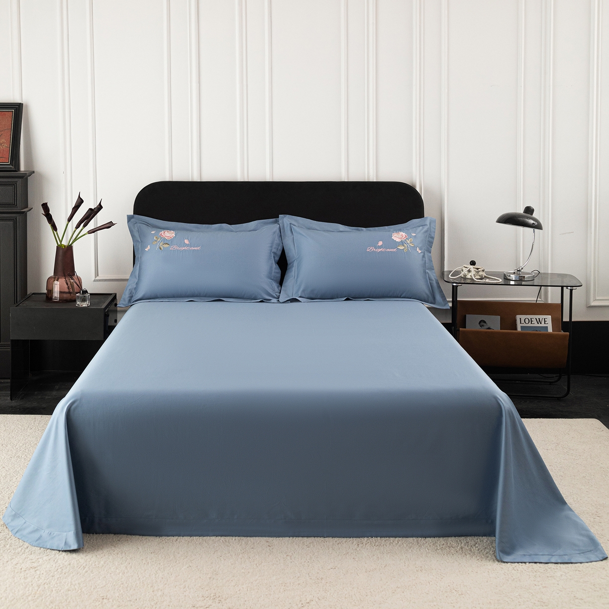莉迪娅 2026新款50s双股长绒棉纯色简约绣花床单三件套--玫瑰恋人系列 海藻蓝