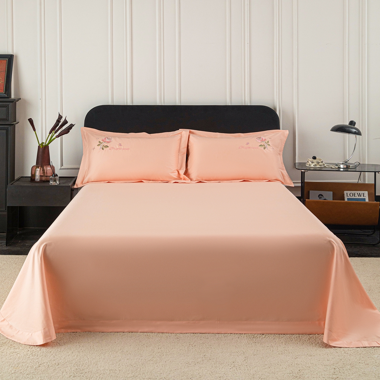 莉迪娅 2026新款50s双股长绒棉纯色简约绣花床单三件套--玫瑰恋人系列 香妃玉