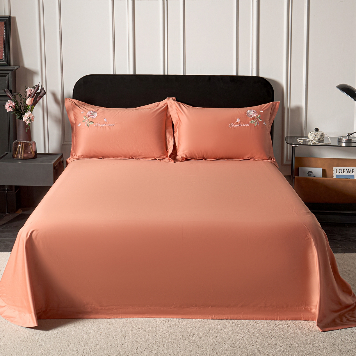 莉迪娅 2026新款50s双股长绒棉纯色简约绣花床单三件套--玫瑰恋人系列 爱玛橙