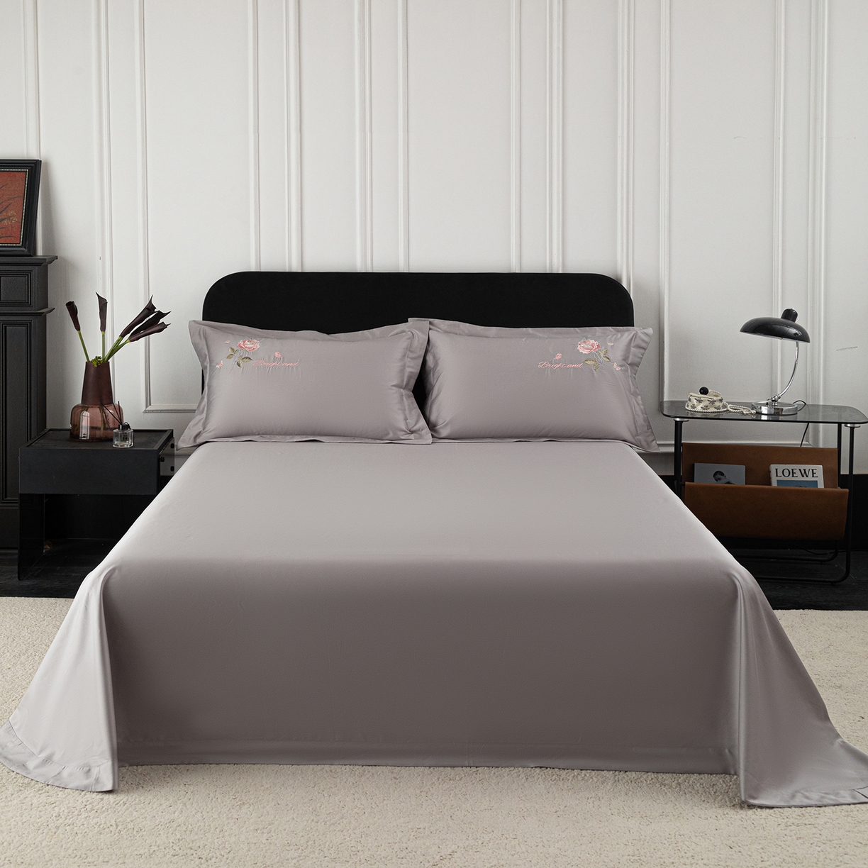 莉迪娅 2026新款50s双股长绒棉纯色简约绣花床单三件套--玫瑰恋人系列 高级灰