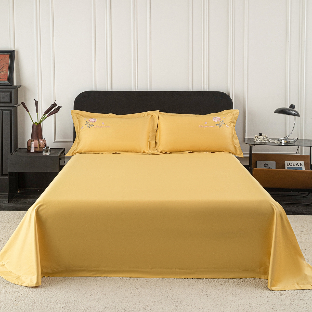 莉迪娅 2026新款50s双股长绒棉纯色简约绣花床单三件套--玫瑰恋人系列 姜黄
