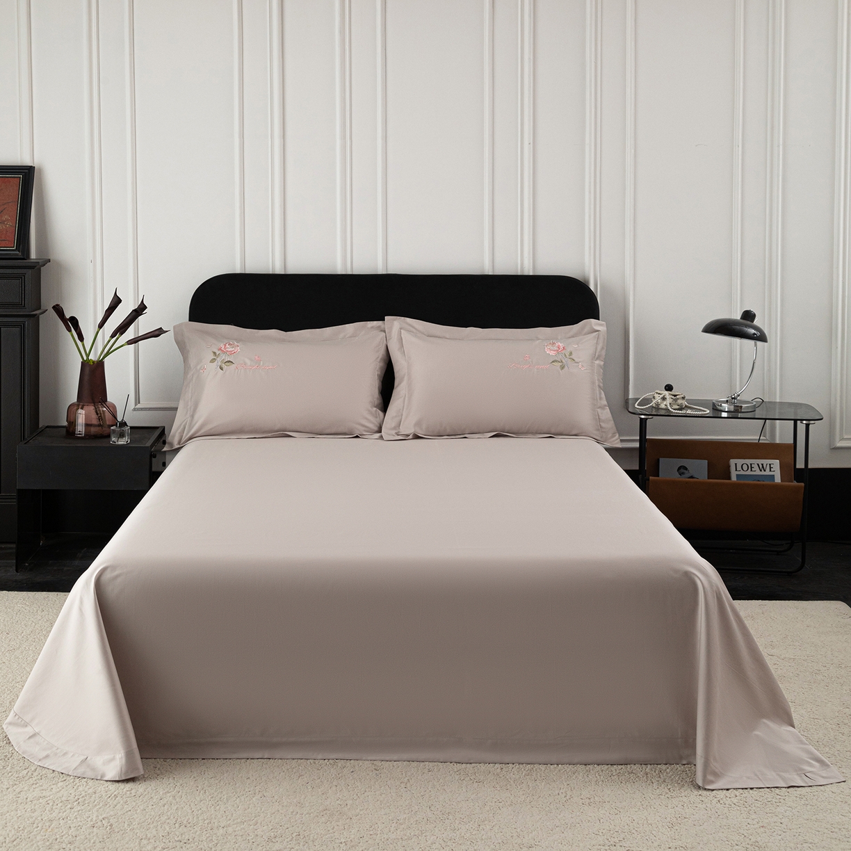 莉迪娅 2026新款50s双股长绒棉纯色简约绣花床单三件套--玫瑰恋人系列 水银灰