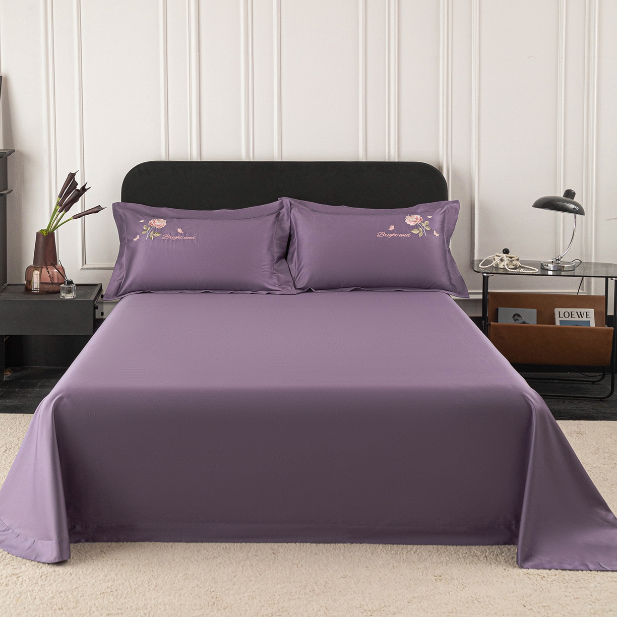 莉迪娅 2026新款50s双股长绒棉纯色简约绣花床单三件套--玫瑰恋人系列 魅惑紫