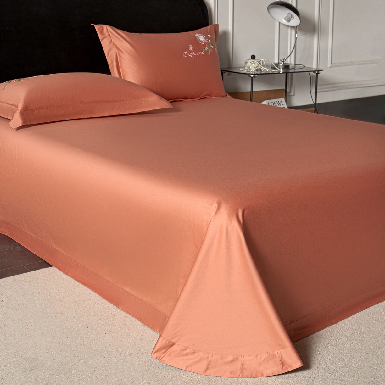 91家纺网 家纺一手货源 找家纺 莉迪娅 2026新款50s双股长绒棉纯色简约绣花床单三件套--玫瑰恋人系列 爱玛橙